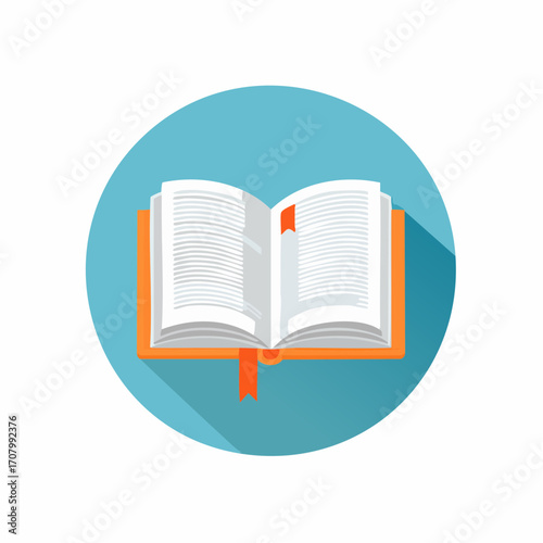 Illustrated emblem of an open book with a bookmark placed within a cerulean circle