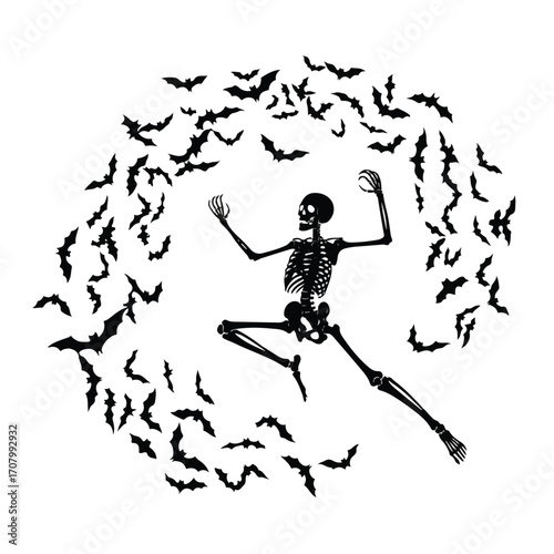A black skeleton in a dynamic, dancing pose is surrounded by a swirling vortex of flying bats on a white background.