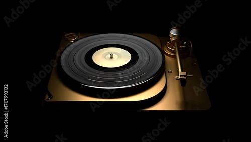 Golden turntable playing vinyl record in dark setting