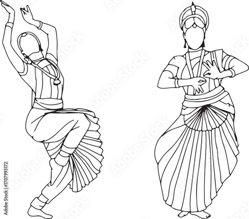 Indian Classical Dance Woman Line Art – Bharatanatyam Kathak Pose Illustration, Traditional Dance Lady Outline, Cultural Expression Female Figure, Hand Drawn Dance Contour Sketch, Elegant Dance Postur