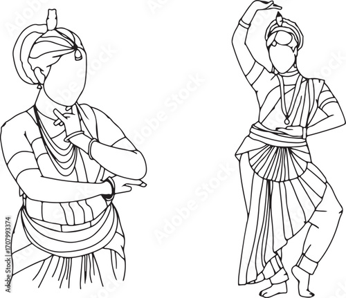 Indian Classical Dance Woman Line Art – Bharatanatyam Kathak Pose Illustration, Traditional Dance Lady Outline, Cultural Expression Female Figure, Hand Drawn Dance Contour Sketch, Elegant Dance Postur