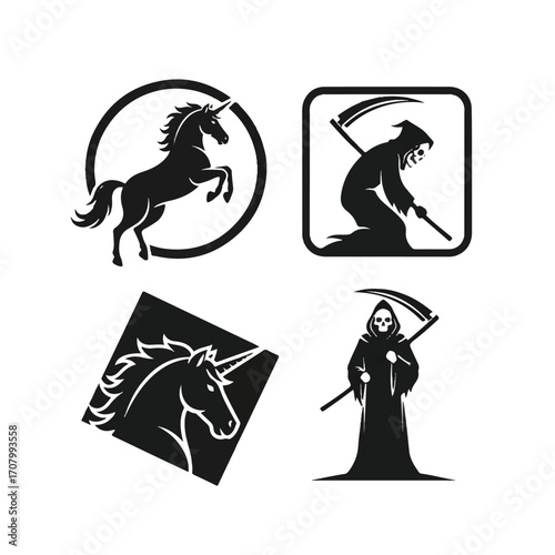 Monochrome logos featuring a unicorn and the Grim Reaper.