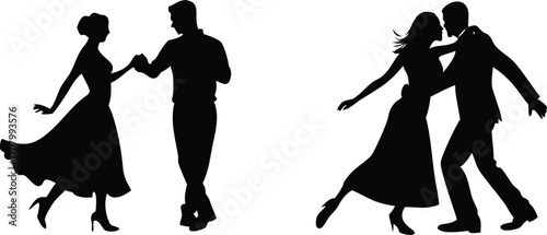 Ballet Dancer Silhouette Collection Vector Illustration,Black and white vector silhouette of couple dancing,set of men and women street dancers in silhouette, Set of black solid people dancing,Ai