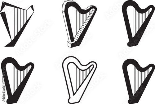 Harp Icons Set Black Silhouette on Transparent Background Stringed Instrument Classical Orchestra