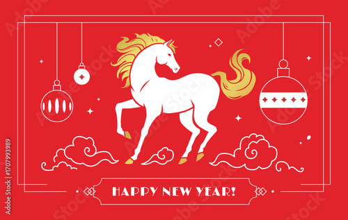 Vector Horse silhouette surrounded by oriental clouds and Christmas baubles. Modern design on vivid red background. Happy New Year banner template