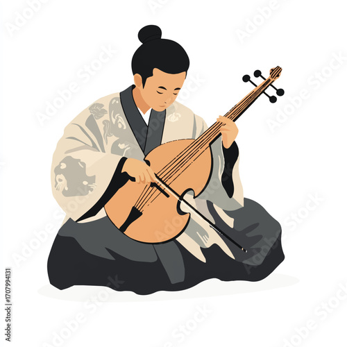 Asian musician playing a stringed instrument in traditional attire