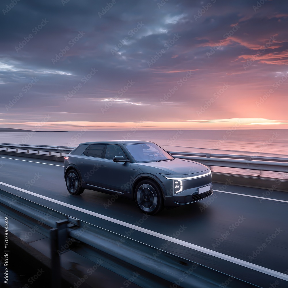 Obraz premium Electric SUV on Coastal Highway at Sunset