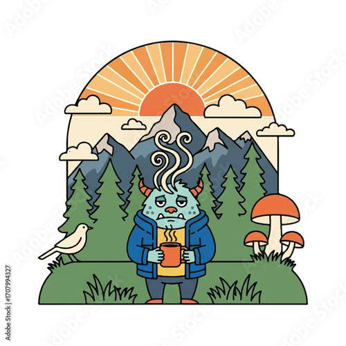 A sleepy, blue monster with horns holds a steaming mug of coffee in a forest landscape at sunrise.