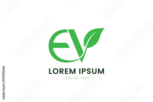 Minimalist green ev logo design with leaf element for eco-friendly brands