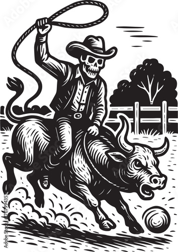 Skull cowboy on a bull rodeo vector illustration