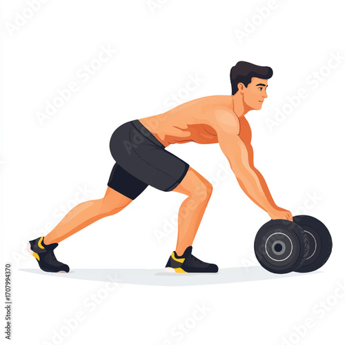 Athletic man performing a bent over dumbbell row exercise