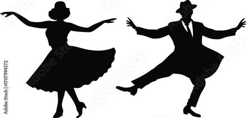 Ballet Dancer Silhouette Collection Vector Illustration,Black and white vector silhouette of couple dancing,set of men and women street dancers in silhouette, Set of black solid people dancing,Ai