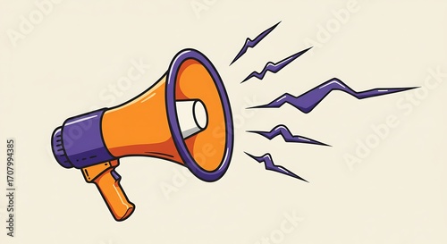 Cartoon Orange Megaphone with Lightning Bolts on Light Background