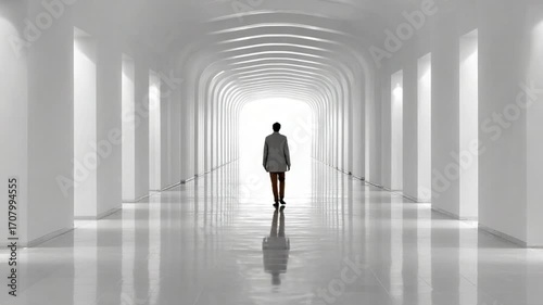 Leading the Way: A solitary figure walks with purpose down a modern, expansive hallway, bathed in light. The architecture creates a sense of ambition, with the future unfolding before them.