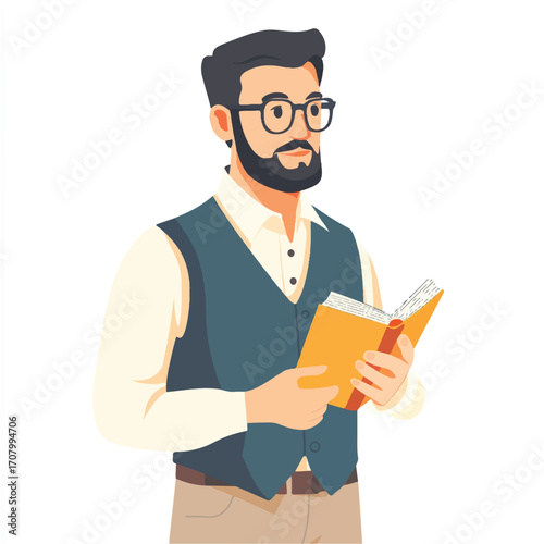 Bearded man in glasses reading a book focused and engaged in learning
