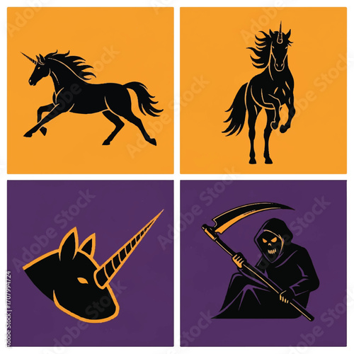 A four-panel image featuring black silhouettes of unicorns in various poses on orange and purple backgrounds, alongside a Grim Reaper figure.