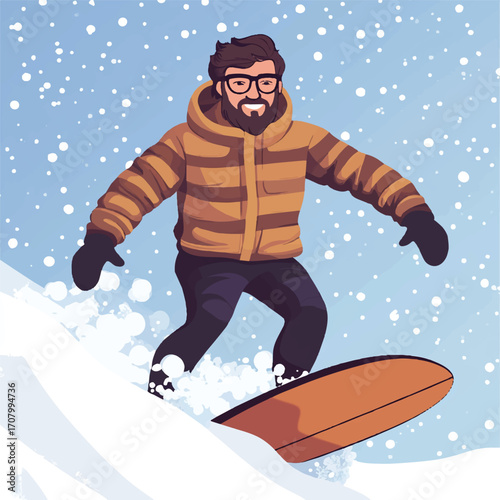 Bearded man snowboarding down a snowy slope