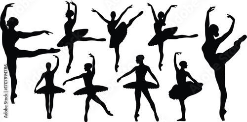 Ballet Dancer Silhouette Collection Vector Illustration,Black and white vector silhouette of couple dancing,set of men and women street dancers in silhouette, Set of black solid people dancing,Ai