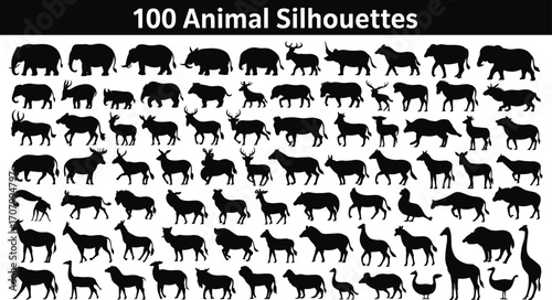 100 animal silhouette vector icons, wild animals black shape collection, isolated safari creatures, zoo clipart for design and illustration