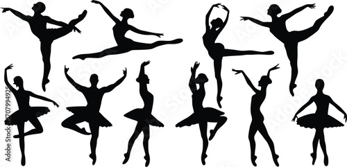 Ballet Dancer Silhouette Collection Vector Illustration,Black and white vector silhouette of couple dancing,set of men and women street dancers in silhouette, Set of black solid people dancing,Ai