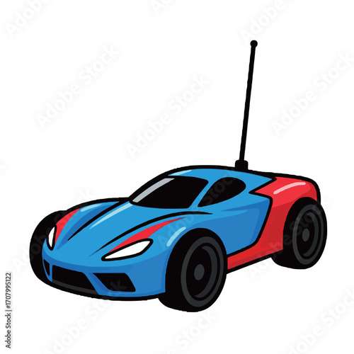 A simple cartoon illustration of a blue and red remote control toy car, perfect for hobbies, toys, and childhood concepts.