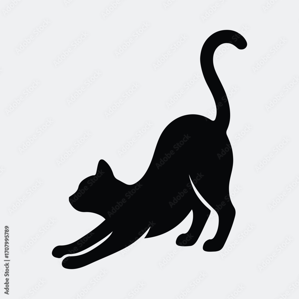 Fototapeta premium Stretching black cat feline domestic pet silhouette vector illustration