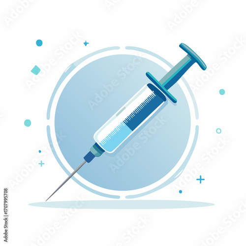 Illustration of a Medical Syringe with Blue Accents and a Stylized Circular Backdrop