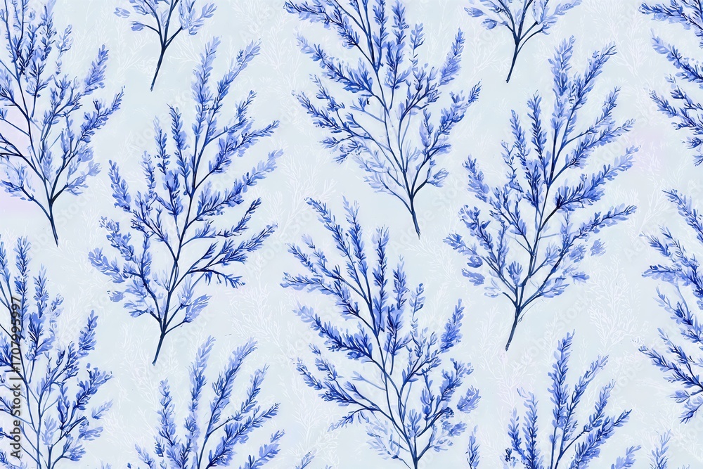 Fototapeta premium Blue Botanical Seamless Pattern on White