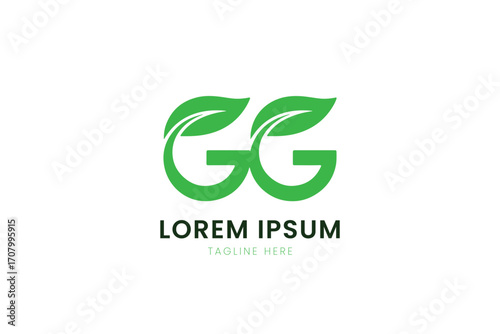Modern minimalist green double g logo with leaf elements and placeholder text