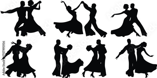 Ballet Dancer Silhouette Collection Vector Illustration,Black and white vector silhouette of couple dancing,set of men and women street dancers in silhouette, Set of black solid people dancing,Ai
