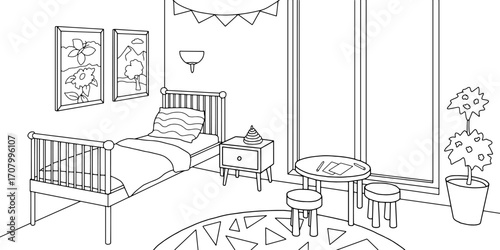 Children room graphic black white home interior sketch illustration vector 