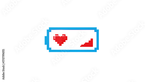 Pixel art battery icon with red heart and low charge, symbolizing emotional exhaustion or fading love,