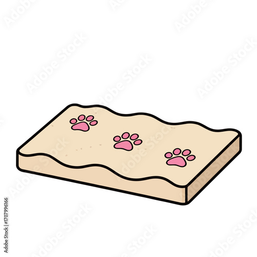 Cartoon drawing of a beige pet bed with pink paw prints, soft and cozy animal accessory illustration.