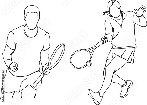 Tennis players line art, sports outline drawing, athletes sketch, tennis game contour, tennis match illustration, male tennis player, female tennis sketch, racket sport line, tennis athletes outline, 
