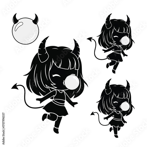 Three cute cartoon devil girls blowing bubbles, black and white silhouette style.