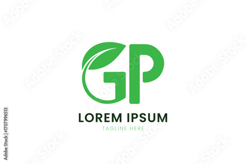 Modern minimalist green gp logo design with leaf element for organic and eco-friendly brands