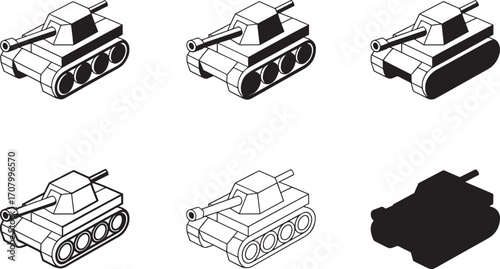 Isometric Tank Vector Set Depicting Military Vehicles in Various Styles on Transparent Background