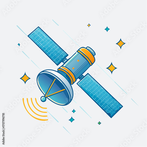 Illustration of a Modern Orbital Satellite Broadcasting Signals in Cosmic Space