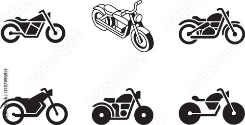 Motorcycle Icons Set Vector Illustration with Cruiser, Chopper, and Sport Bike Designs