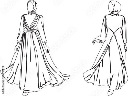 Elegant Woman Dress Sketch – Fashion Lady Long Gown Line, Stylish Female Outfit Drawing, Model Woman Feminine Wear, Hand Drawn Dress Illustration, Chic Lady Outfit Style, Fashion Girl Outline Art, Cre