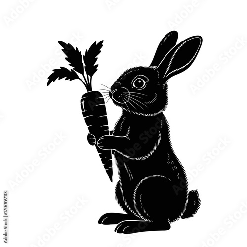 Black rabbit holding a carrot silhouette isolated on white background