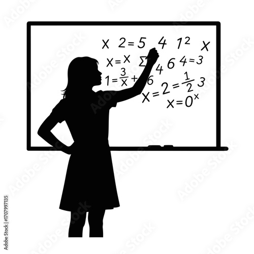 Teacher writing mathematical equations on a whiteboard silhouette isolated on white background