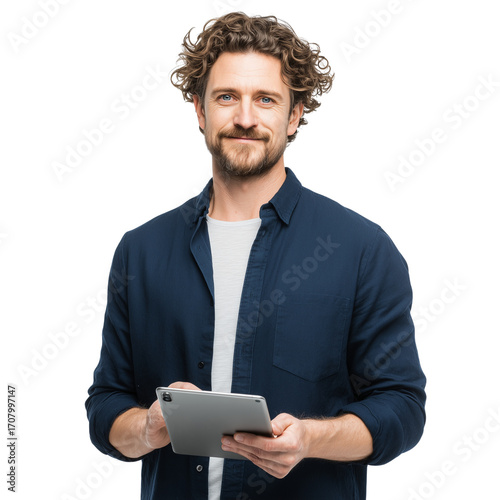Professional corporate executive in formal suit holding tablet, confident businessman portrait symbolizing success, modern technology, and digital workplace, Transparent Background