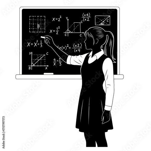 Student writing math equations on blackboard silhouette isolated on white background