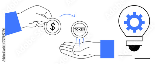 Hand transfers dollar coin to another with token exchange indication light bulb with gear suggests innovation. Ideal for finance, blockchain, business, technology, trade, investment, simple flat