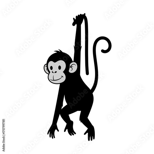 Cartoon monkey hanging silhouette isolated on white background