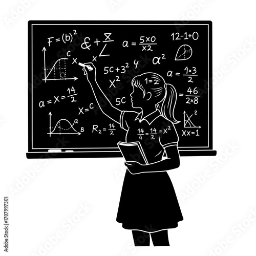 Student solving math problems on blackboard silhouette isolated on white background