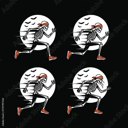 Four illustrations of a skeleton running in front of a full moon with bats in the sky.