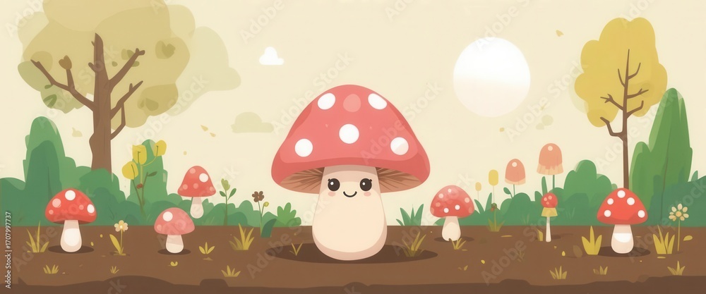 Naklejka premium Playful flat vector art of a kawaii mushroom with polka dots in a minimalist and simple garden setting.