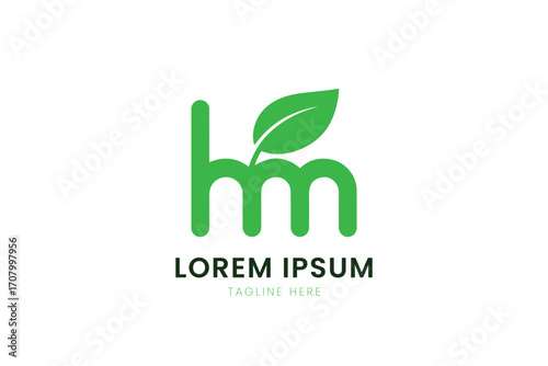 Minimalist green hm logo with leaf element elegant nature-inspired branding symbol
